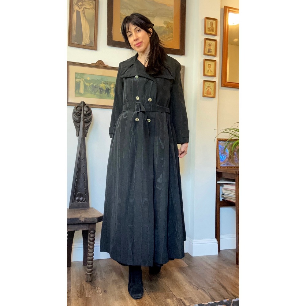 Vintage I Magnin Black Moire Trench Coat Double Breasted Belted Maxi Jacket